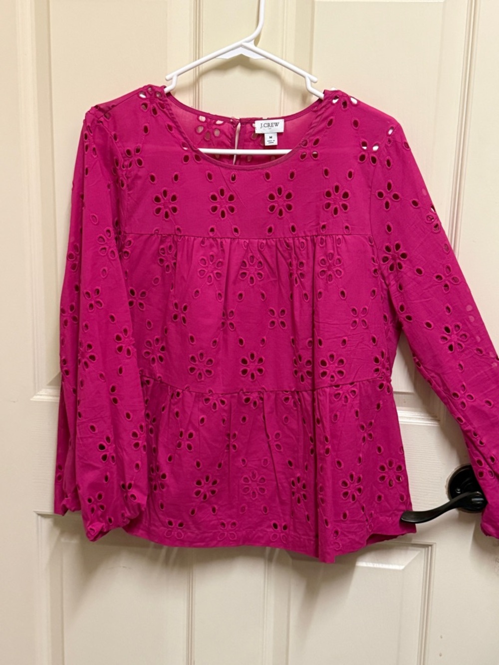 J. Crew Hot Pink Eyelet Peasant Top - Size Medium